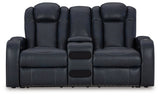 Power reclining sofa showing diamond stitching and LED lighting