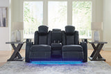 Fyne-Dyme Sapphire power reclining sofa, loveseat, and recliner set in sapphire blue upholstery