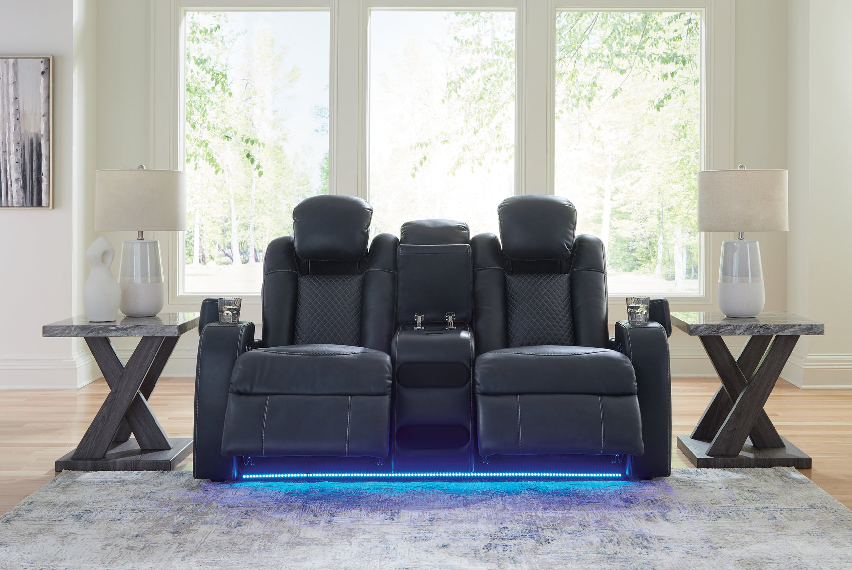 Fyne-Dyme Sapphire power reclining sofa, loveseat, and recliner set in sapphire blue upholstery