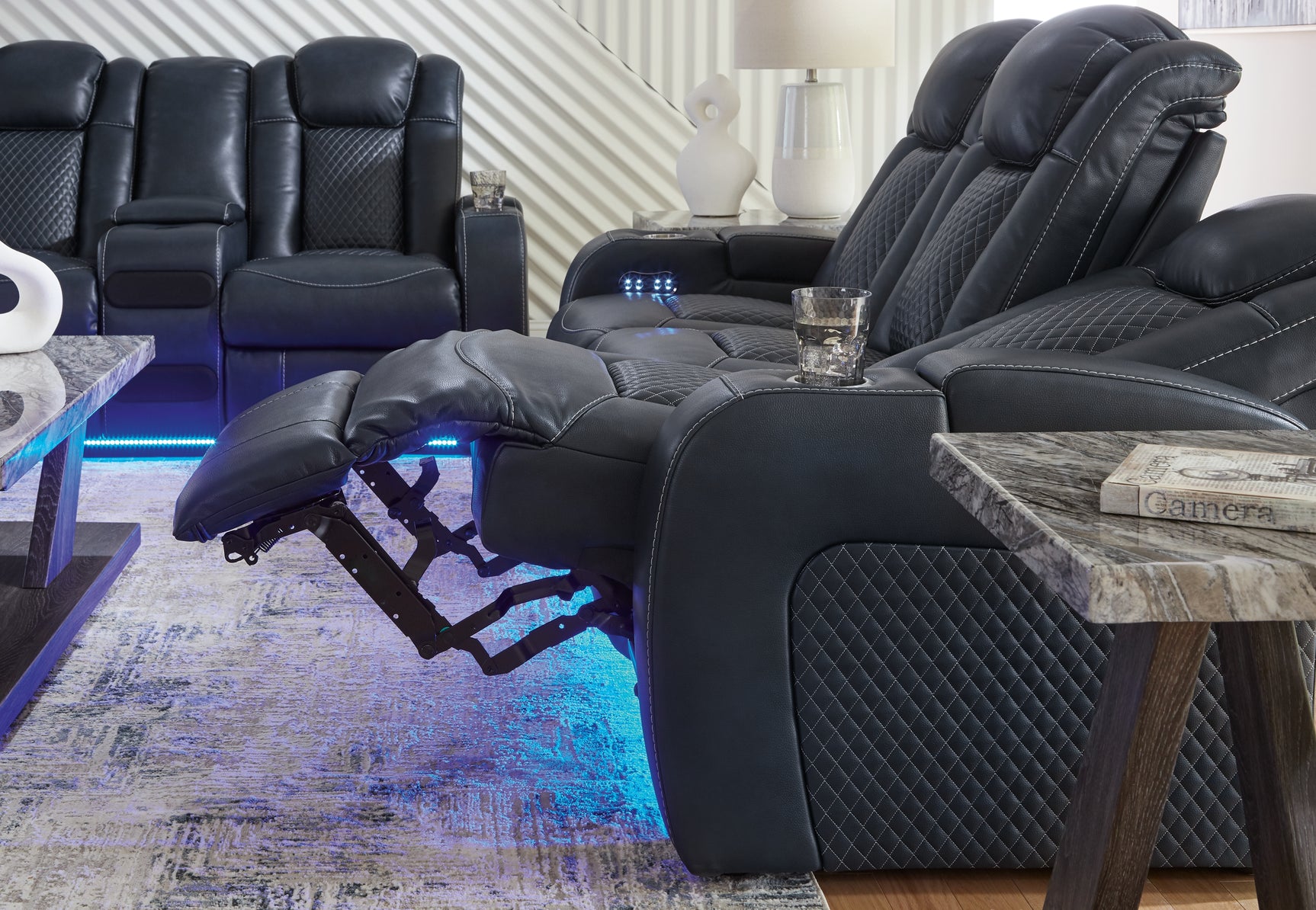 Fyne-Dyme Sapphire Sofa and Loveseat blue upholstery power reclining set