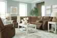 Side view of Partymate Brindle sectional with recliner extended