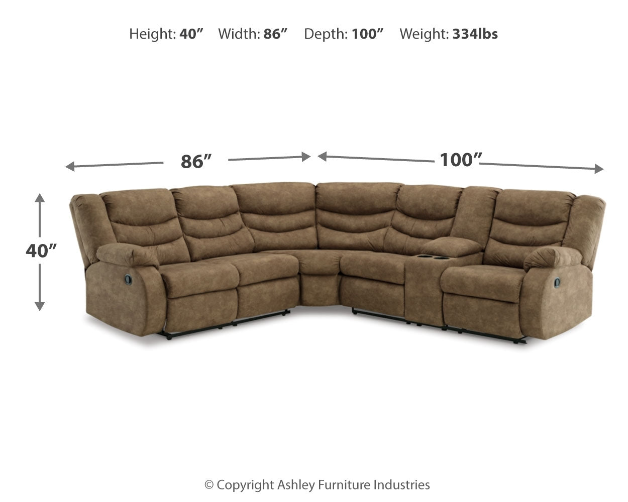 Partymate Brindle 2-Piece Sectional Sofa with Recliner in warm brown faux leather