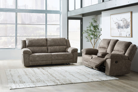 Laresview Fossil Reclining Sofa close-up seating view