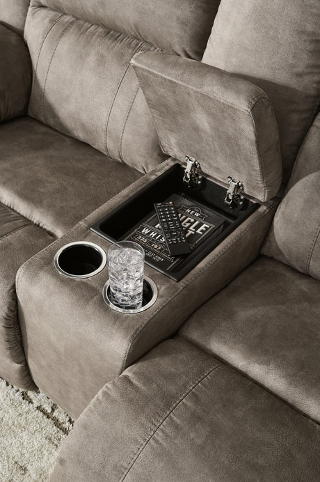 Laresview Reclining Loveseat center console detail