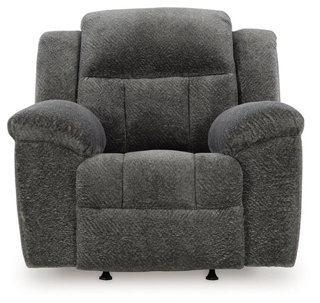 Front close-up view of Frohn Graphite Chenille Recliner chair