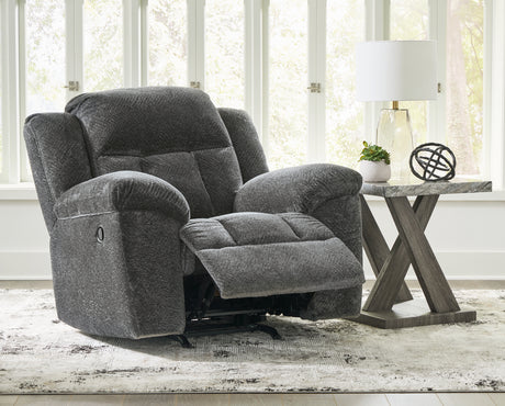 Side view with recliner open of Frohn Chenille Recliner