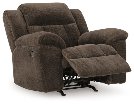 Reclined position of Frohn Chocolate Chenille Recliner Chair