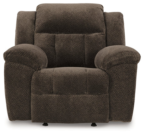 Head-on view of Frohn Chocolate Chenille Recliner Chair