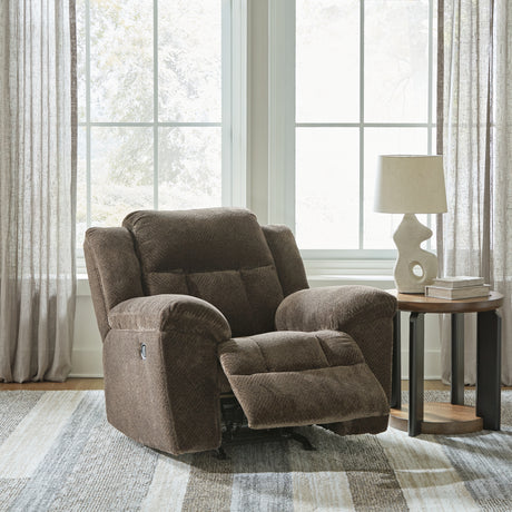 Open reclined Frohn Chocolate Chenille Recliner Chair