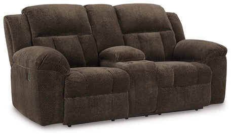 Side angle of Frohn Chocolate chenille reclining loveseat