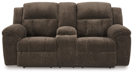 Front close-up of attached cushions on Frohn loveseat