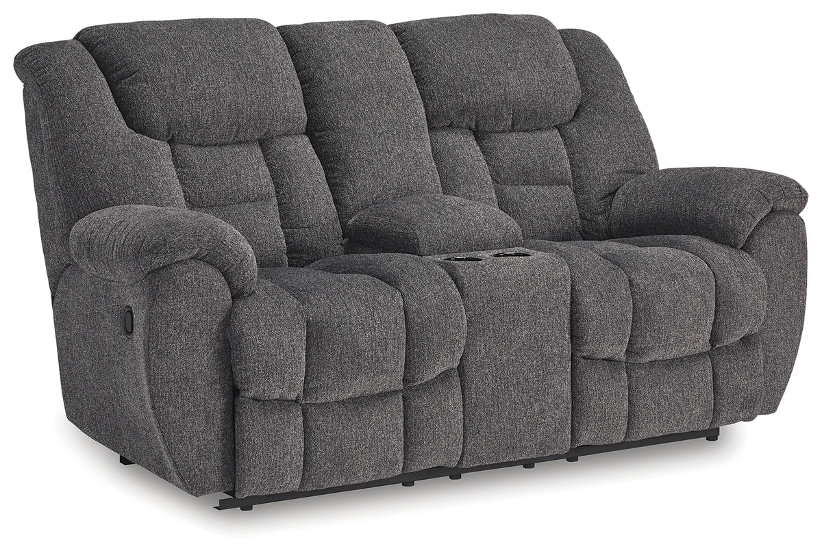 Close-up of Foreside loveseat console with cup holders and storage open