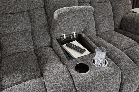 Console cup holder detail on Foreside reclining loveseat