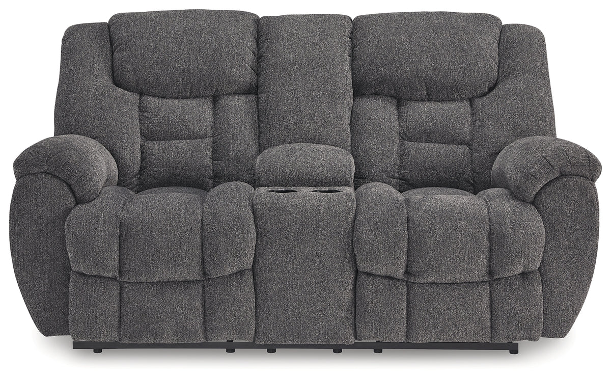 Foreside loveseat fully reclined showing seat and footrest extension