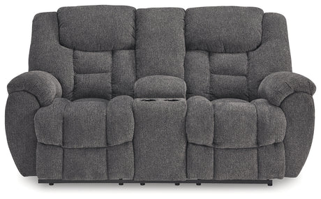 Foreside loveseat fully reclined showing seat and footrest extension