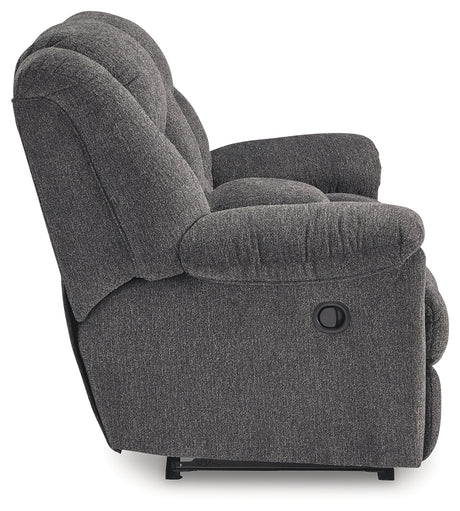 Back view of Foreside reclining loveseat in charcoal fabric