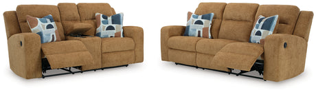 Kanlow Honey sofa and loveseat pull-tab reclining close-up