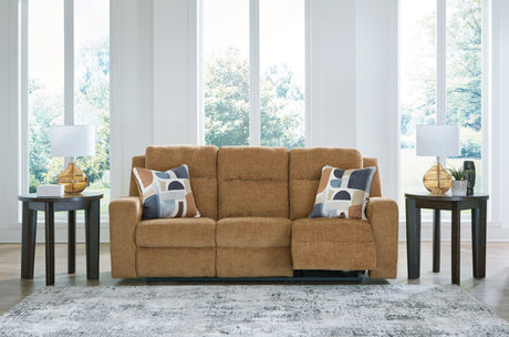 Kanlow Honey Chenille Reclining Sofa showing seat cushions and pillows