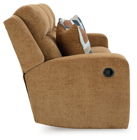Kanlow Honey Chenille Reclining Sofa fully reclined position