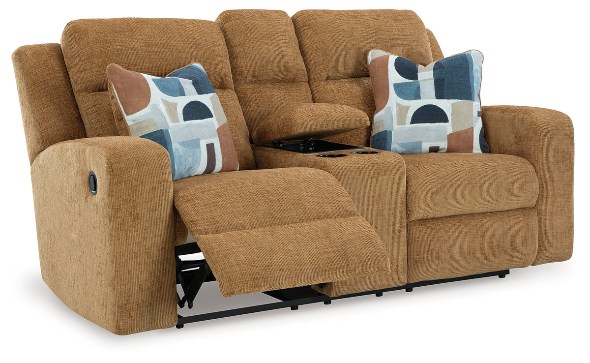 Kanlow Loveseat front view with attached cushions and accent pillows