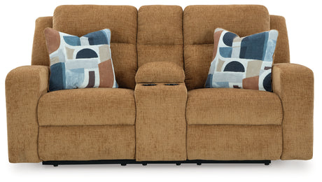 Side view of Kanlow Reclining Loveseat showing sleek track arm