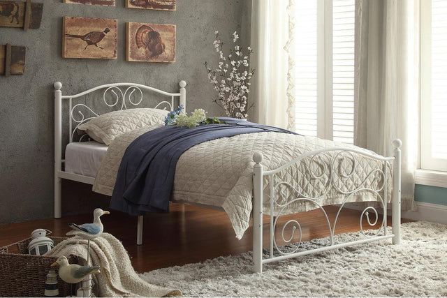 Pallina white metal twin platform bed corner detail
