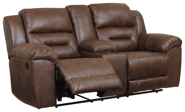 Stoneland Chocolate Faux Leather Reclining Loveseat with Console angled front view