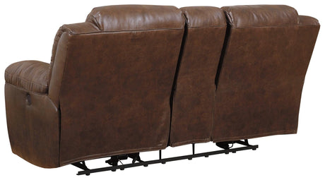 Stoneland Chocolate Faux Leather Reclining Loveseat with Console back view
