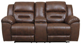 Stoneland Chocolate Faux Leather Power Reclining Loveseat with Console straight side view