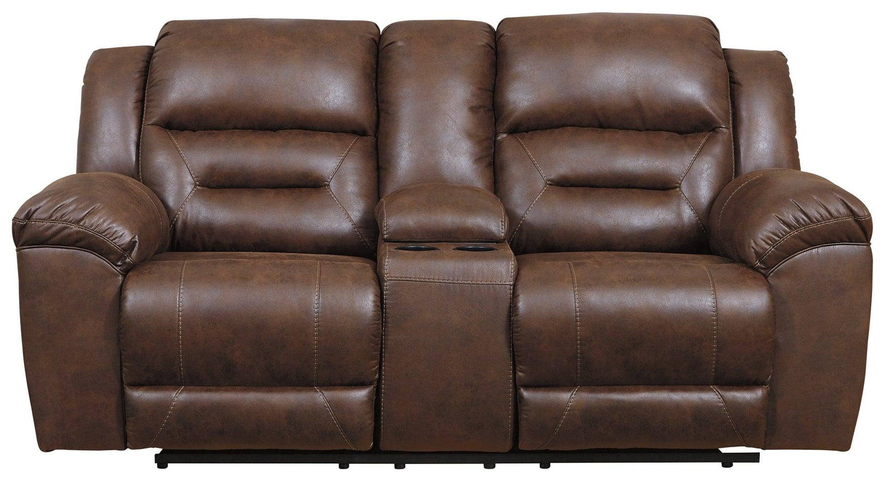 Stoneland Chocolate Faux Leather Power Reclining Loveseat with Console straight side view