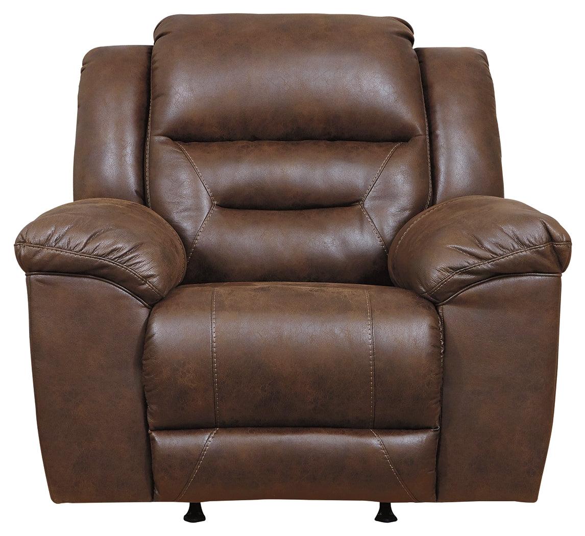 Close side view of Stoneland Chocolate Faux Leather Power Recliner