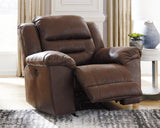 Front angle of Stoneland Chocolate Faux Leather Power Recliner