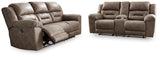 Side angle of Fossil reclining sofa showing armrest
