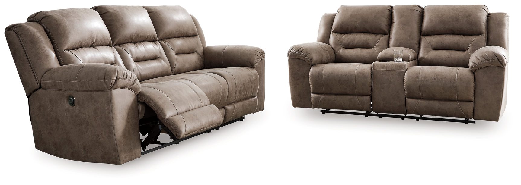 Side angle of Fossil reclining sofa showing armrest