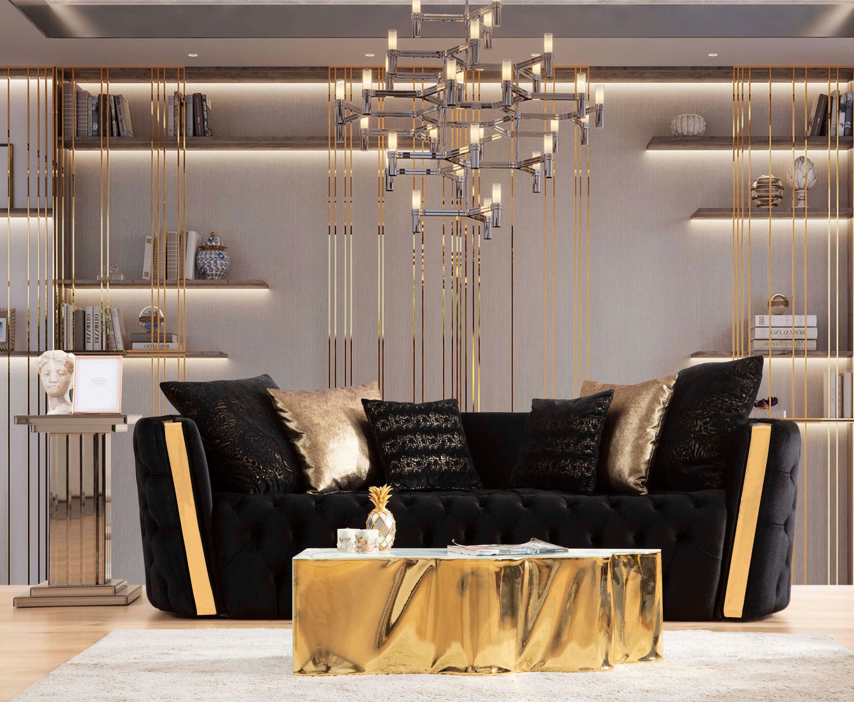 Detail of gold sibu leather hardware on sofa