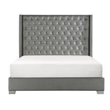 Jacklyn Silver Modern Contemporary Solid Wood Faux Leather Upholstered Tufted Queen Panel Bed - Ella Furniture