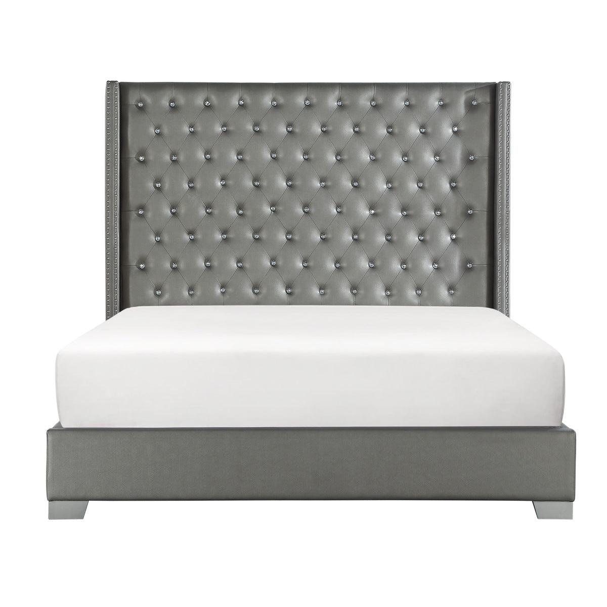 Jacklyn Silver Modern Contemporary Solid Wood Faux Leather Upholstered Tufted Queen Panel Bed - Ella Furniture