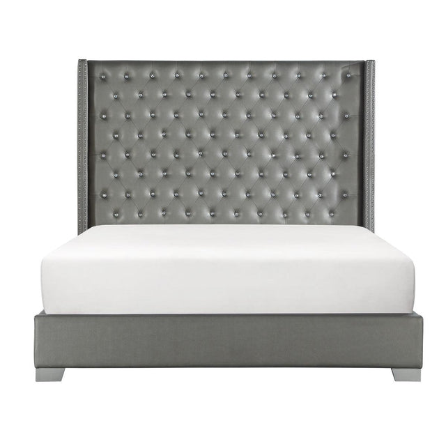 Jacklyn Silver Modern Contemporary Solid Wood Faux Leather Upholstered Tufted Queen Panel Bed - Ella Furniture