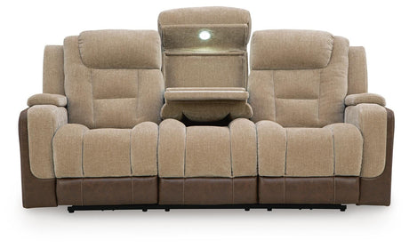 Mixed Motion Brownstone Chenille / Faux Leather Power Reclining Sofa — front view