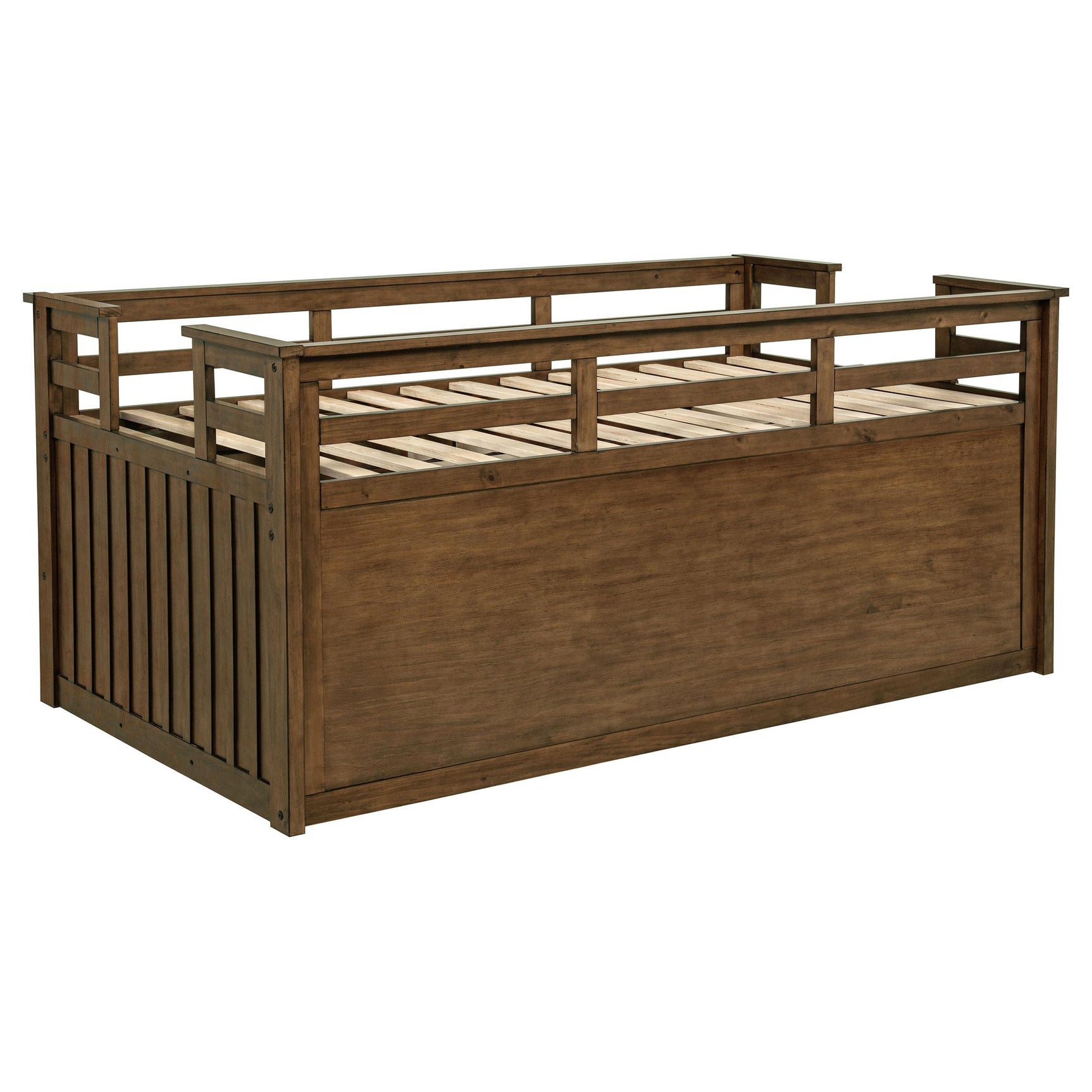 Bed shown with mattress and bedding