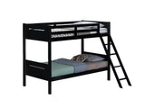 Side view of Littleton black twin/twin bunk bed with ladder