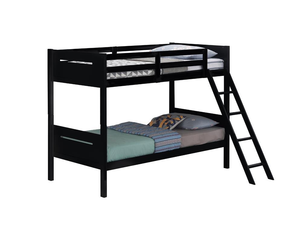 Side view of Littleton black twin/twin bunk bed with ladder
