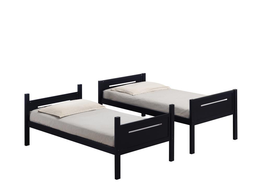 Littleton black twin/twin bunk bed assembled in a room