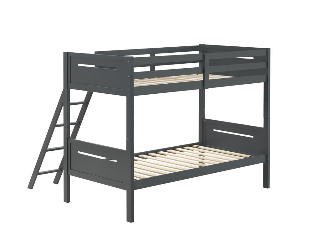 Top bunk of Littleton Grey Twin Bunk Bed showcasing guardrails