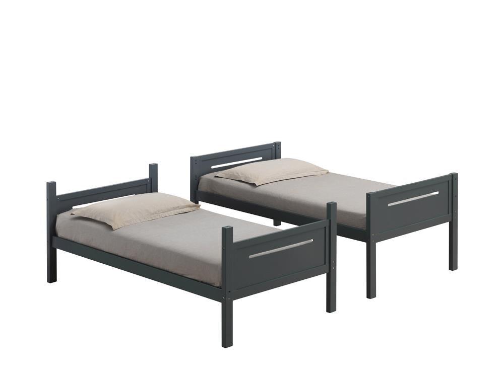 Full assembled Littleton Twin/Twin Grey Bunk Bed in room setting