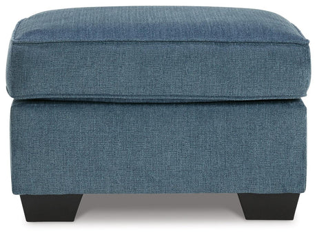 Cashton Blue Chenille Ottoman side view showing silhouette