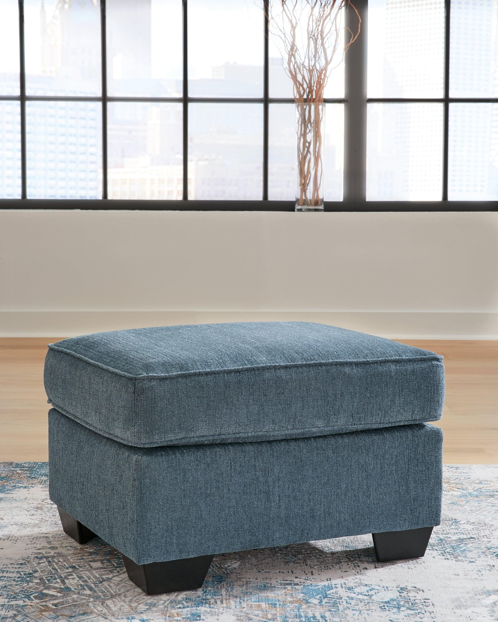 Cashton Blue Chenille Ottoman - Ella Furniture