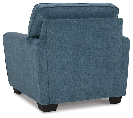 Antique style blue upholstery fabric detail on armchair