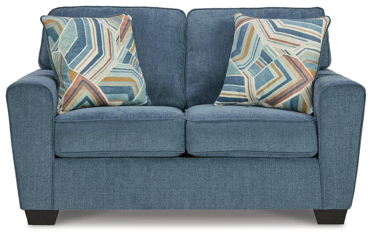Cashton Blue Chenille Loveseat side view