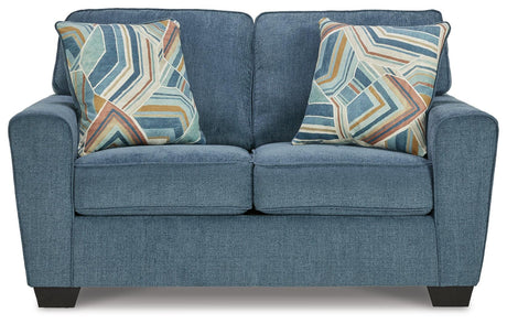 Cashton Blue Chenille Loveseat side view